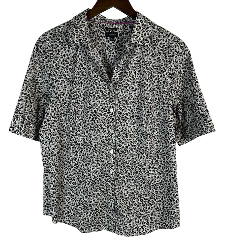 Talbots Short Sleeve Button Up Wrinkle Resistant Leopard Print Blouse 12‎ Office